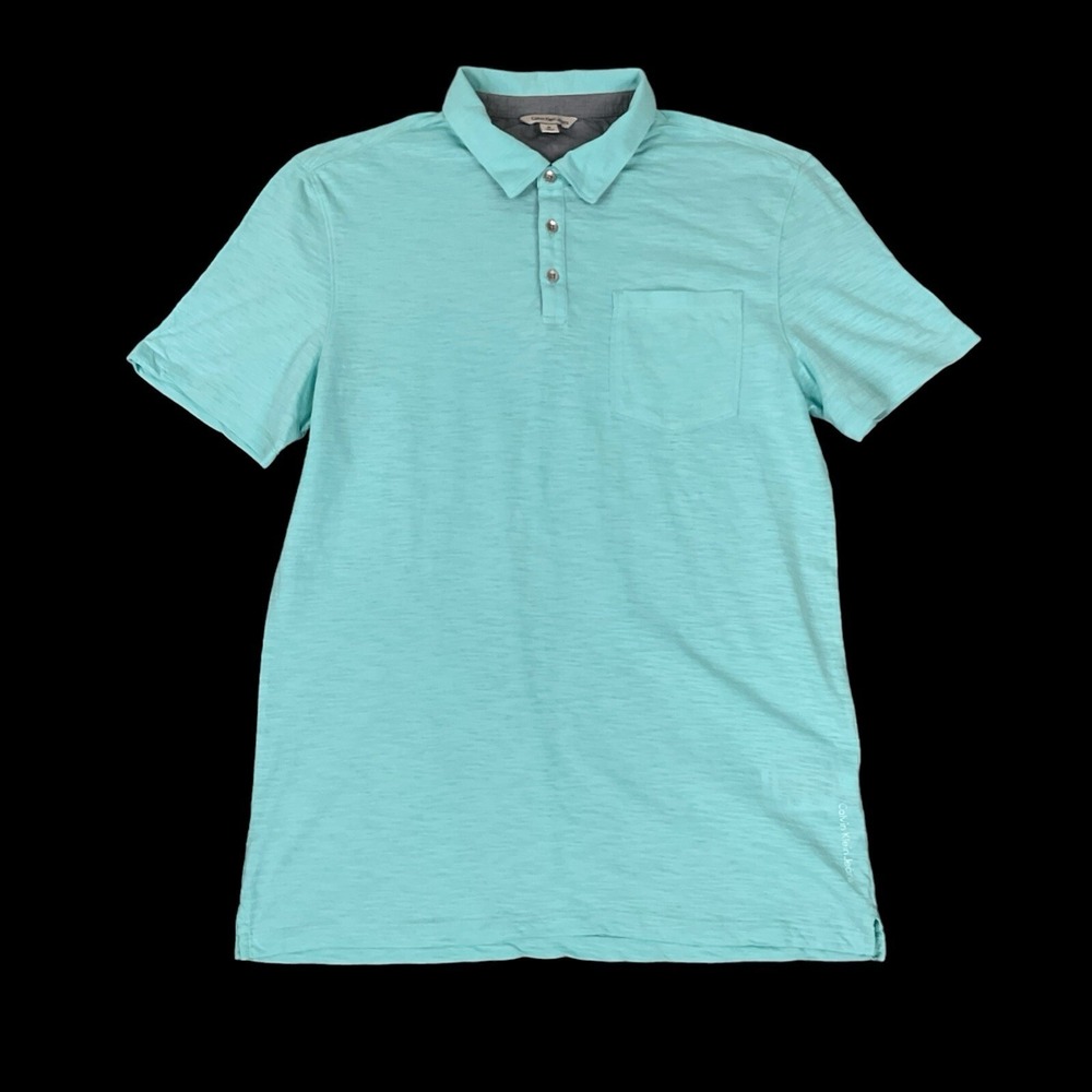 Calvin Klein Polo Shirt Men Medium Aqua Blue Short Sleeve‎ Button